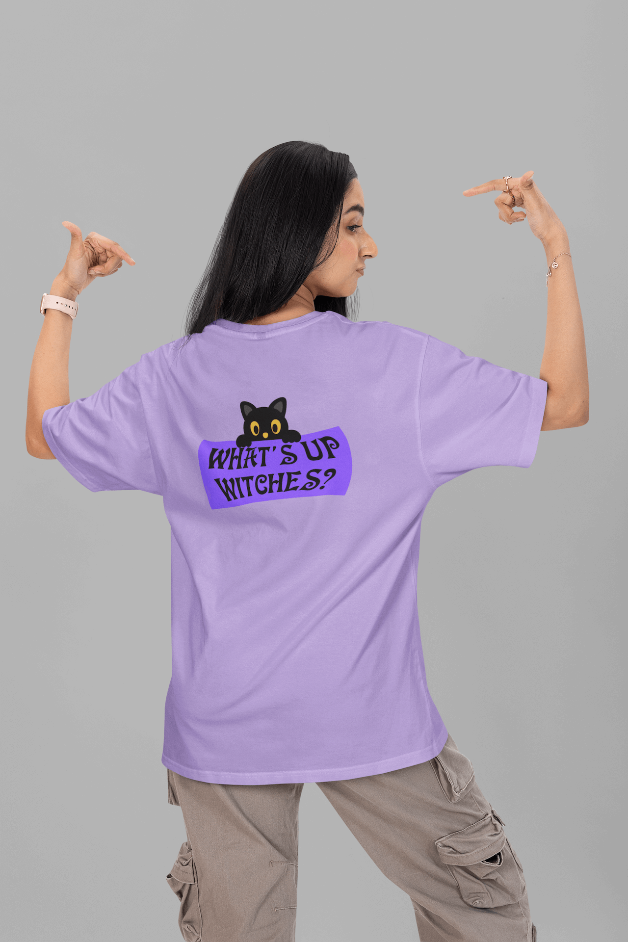 Women's Iris Lavender What's Up Witches Graphic Printed Oversized T-shirt