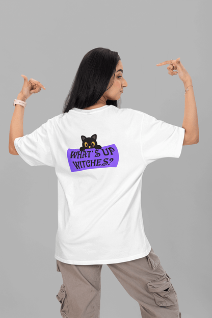 Women's White What's Up Witches Graphic Printed Oversized T-shirt