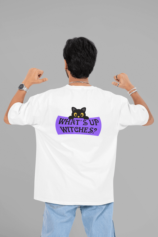 Men's White What's Up Witches Graphic Printed Oversized T-shirt