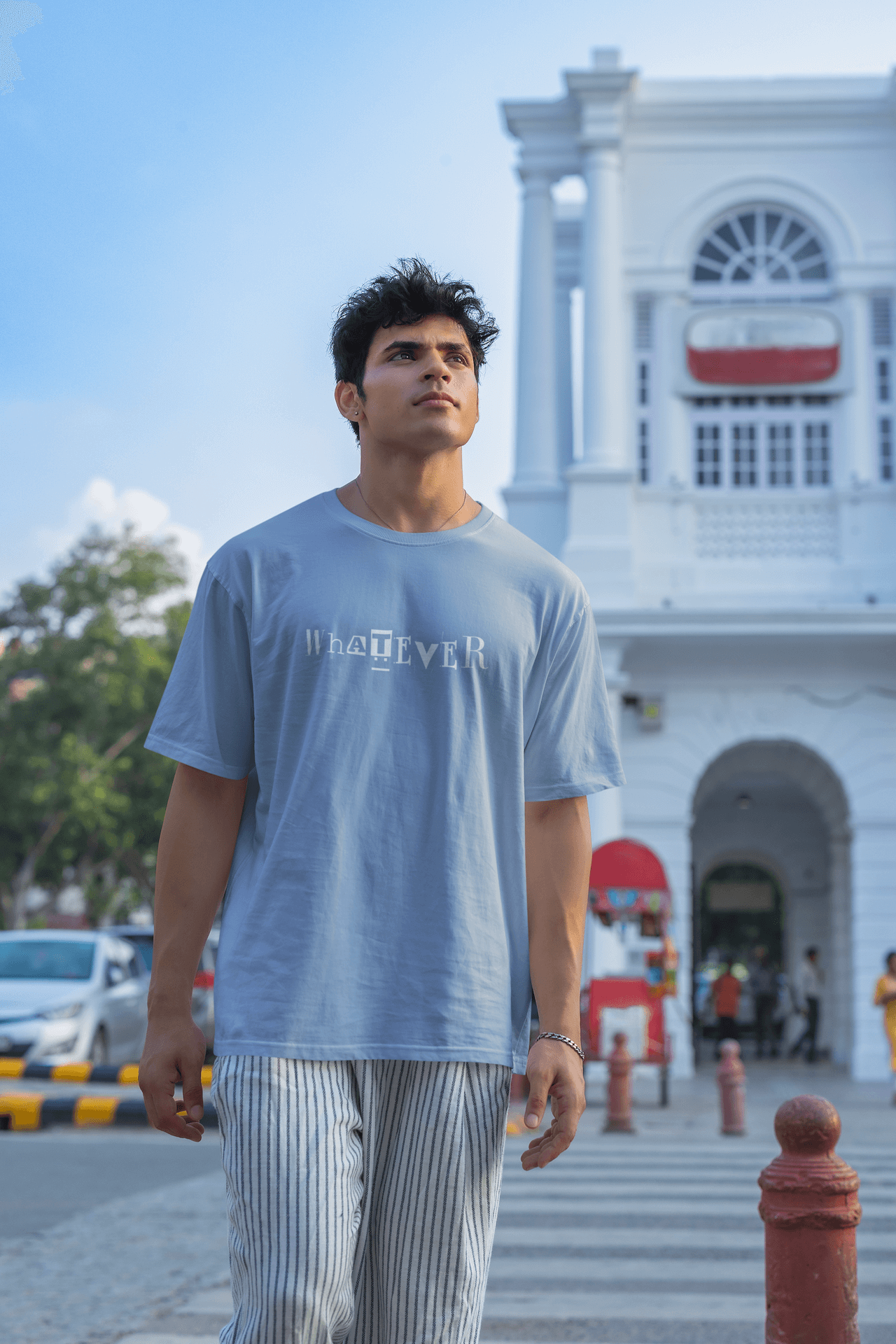 Men's Baby Blue Whatever Graphic Printed Oversized T-shirt