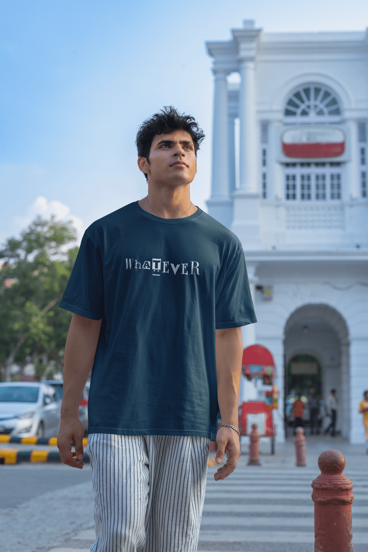 Men's Navy Blue Whatever Graphic Printed Oversized T-shirt