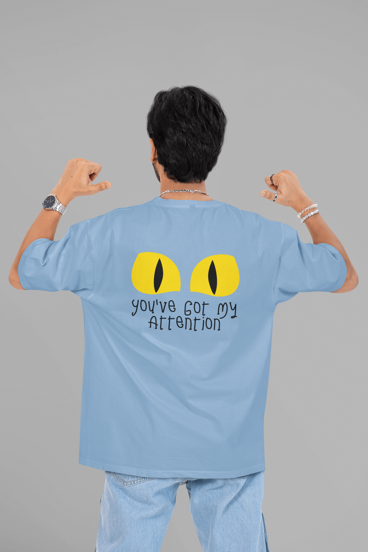 Men's Baby Blue You've Got My Attention Graphic Printed Oversized T-shirt