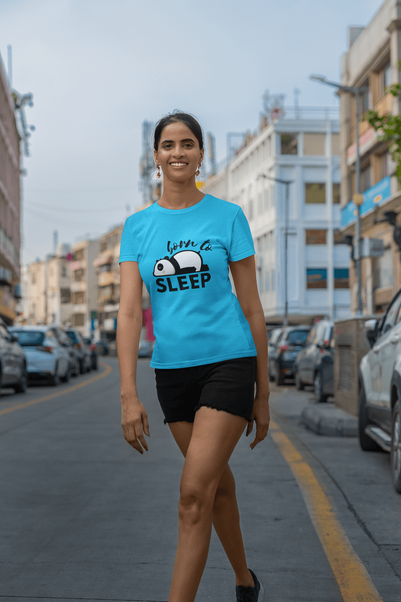 Women's Sky Blue Born to Sleep Graphic Printed T-shirt - Printed Cave