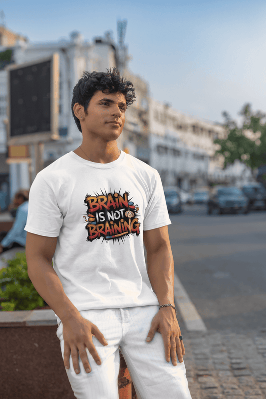 Men's White Brain Is Not Braining Graphic Printed T-shirt - Printed Cave