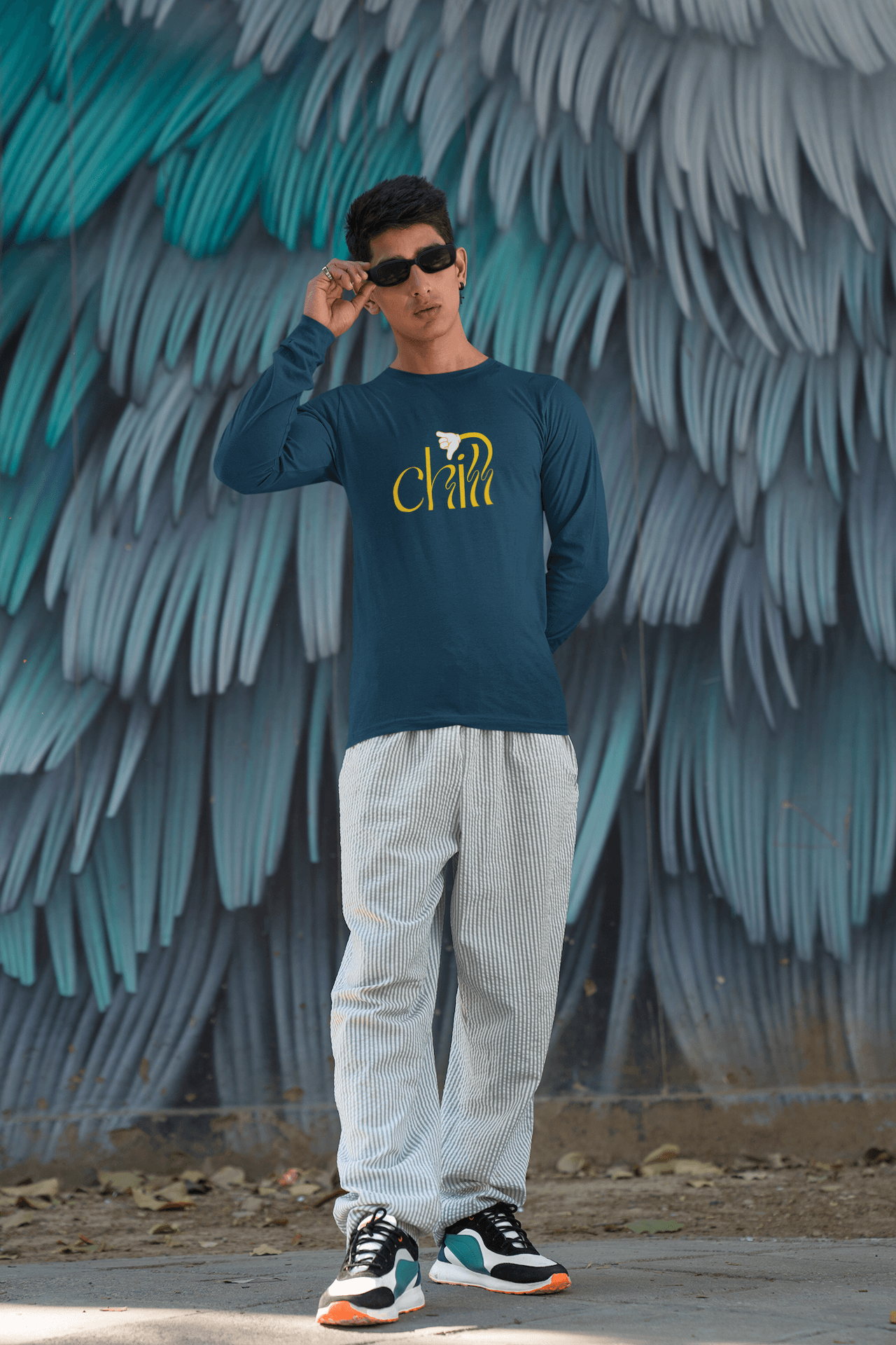 Men's Navy Blue Chill Graphic Printed Full Sleeve T-shirt - Printed Cave