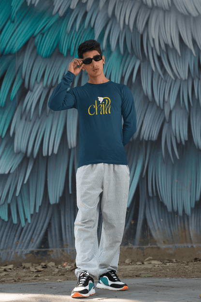 Men's Navy Blue Chill Graphic Printed Full Sleeve T-shirt - Printed Cave