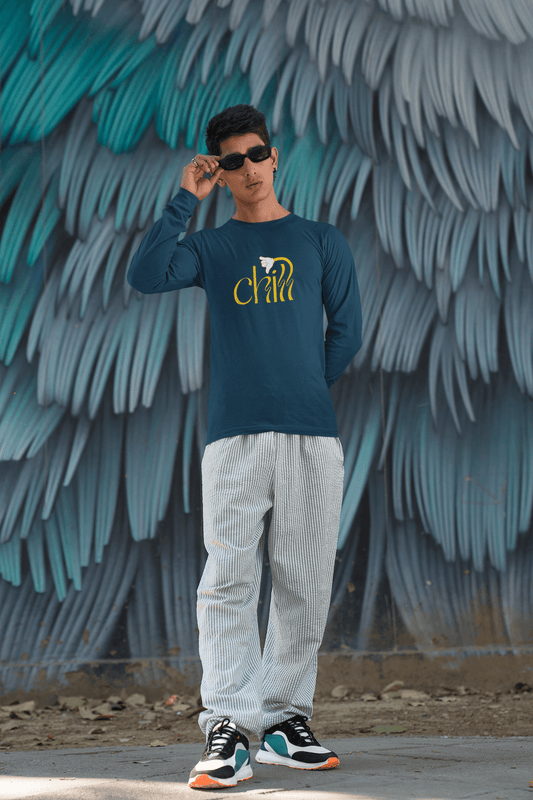 Men's Navy Blue Chill Graphic Printed Full Sleeve T-shirt - Printed Cave