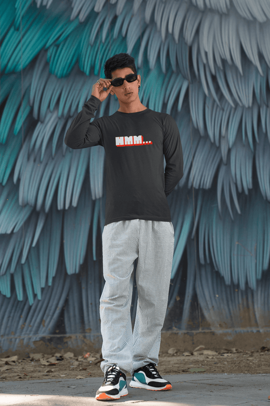 Men's Black Hmm Graphic Printed Full Sleeve T-shirt - Printed Cave