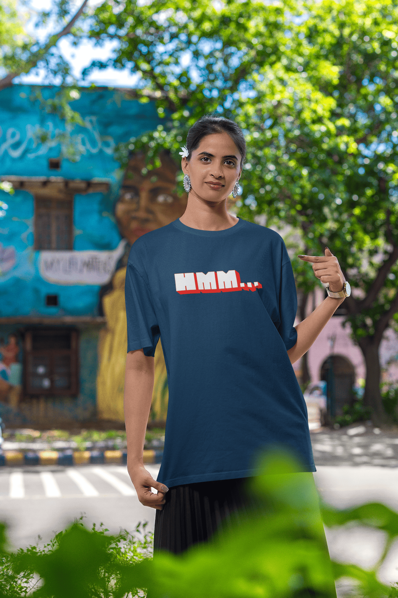 Women's Navy Blue Hmm Graphic Printed Oversized T-shirt