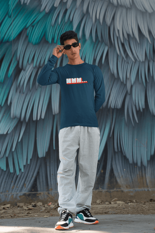 Men's Navy Blue Hmm Graphic Printed Full Sleeve T-shirt - Printed Cave