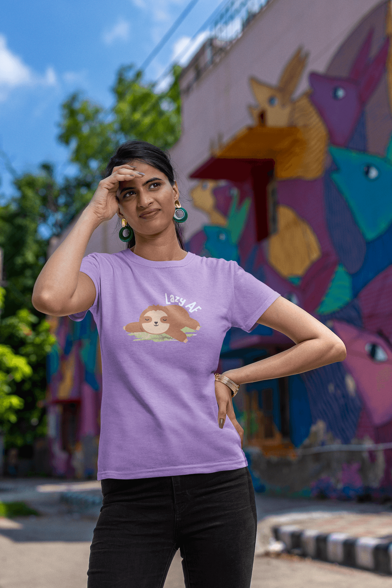 Women's Iris Lavender Lazy AF Graphic Printed T-shirt - Printed Cave
