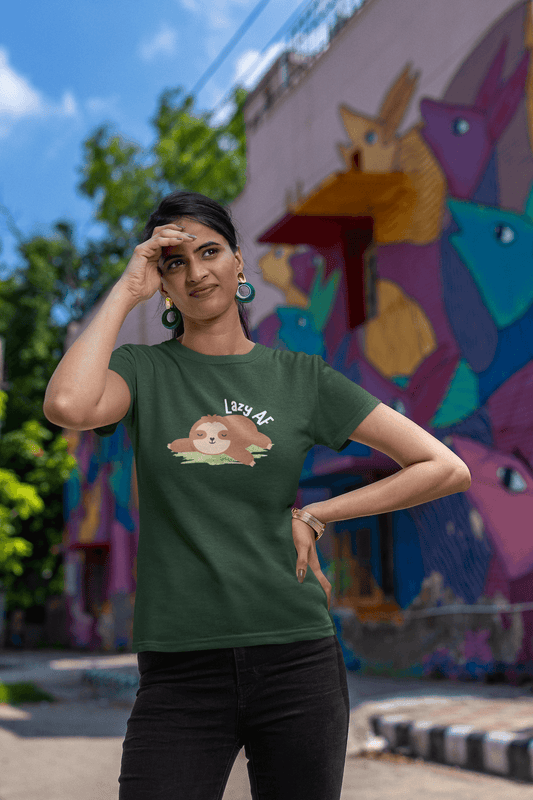 Women's Olive Green Lazy AF Graphic Printed T-shirt - Printed Cave
