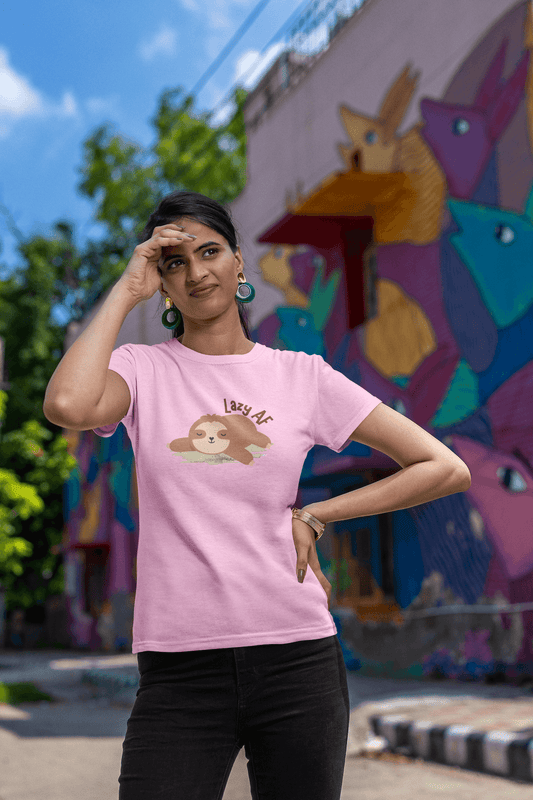 Women's Light Pink Lazy AF Graphic Printed T-shirt - Printed Cave