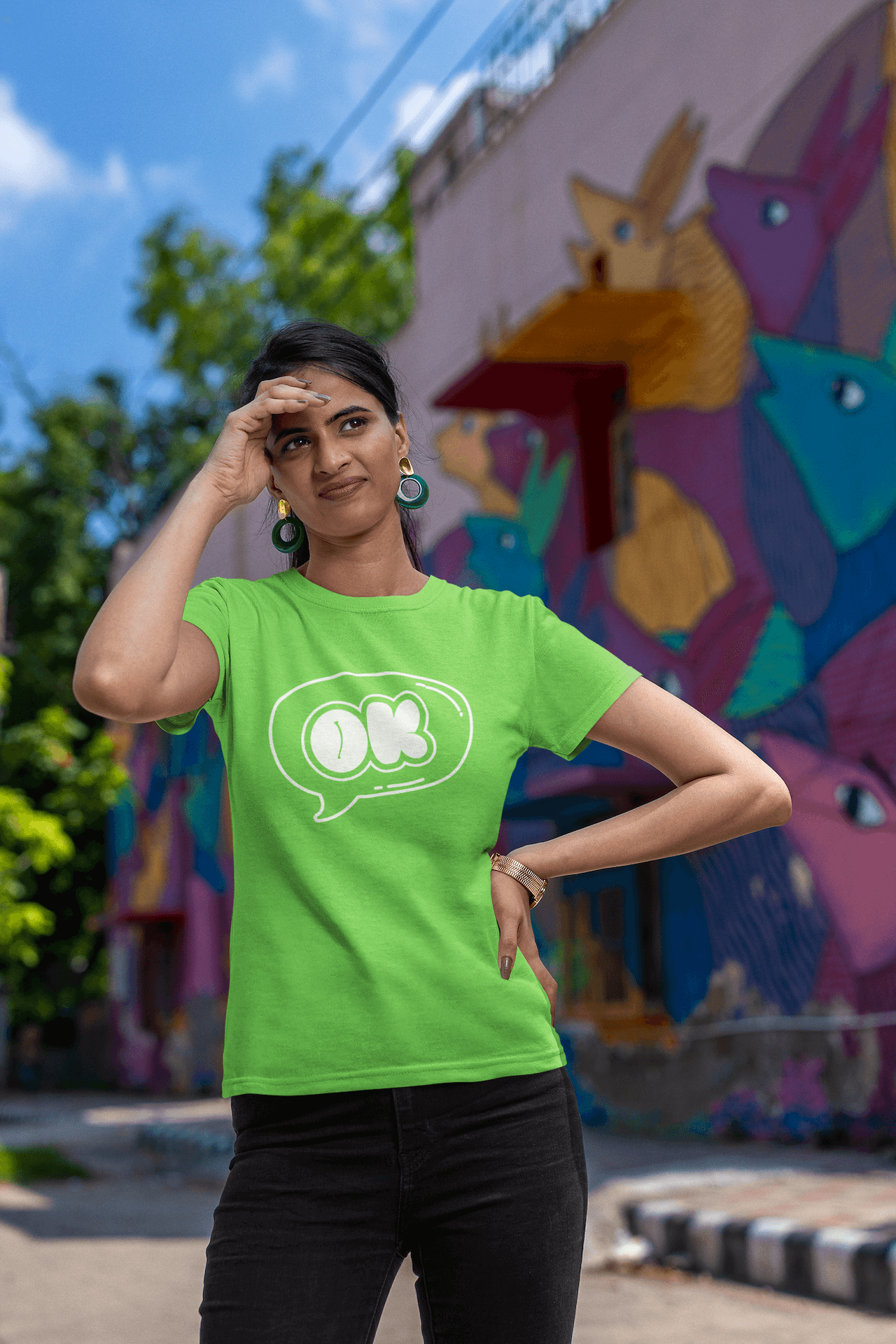 Women's Green OK Graphic Printed T-shirt - Printed Cave