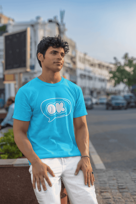 Men's Sky Blue OK Graphic Printed T-shirt - Printed Cave