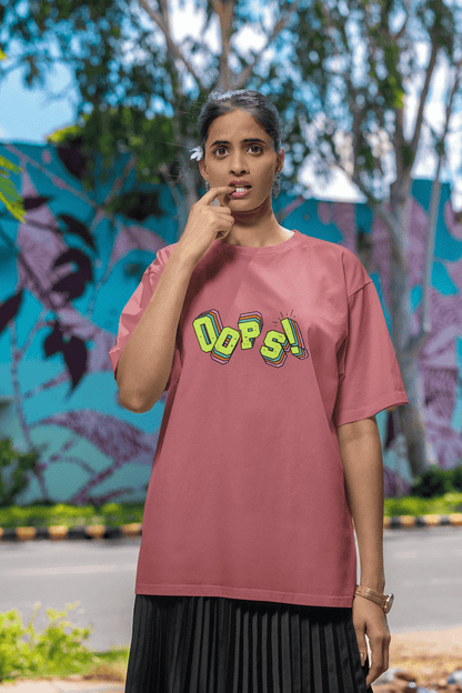 Women's Dusty Red Oops Graphic Printed Oversized T-shirt