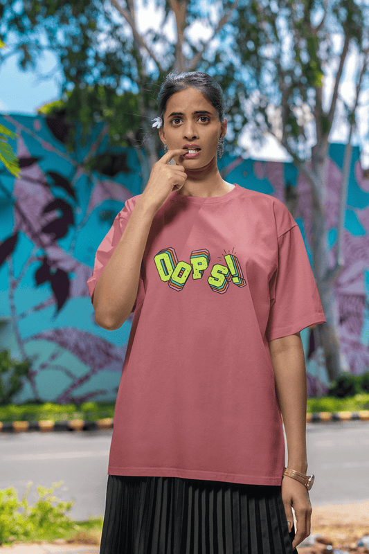 Women's Dusty Red Oops Graphic Printed Oversized T-shirt