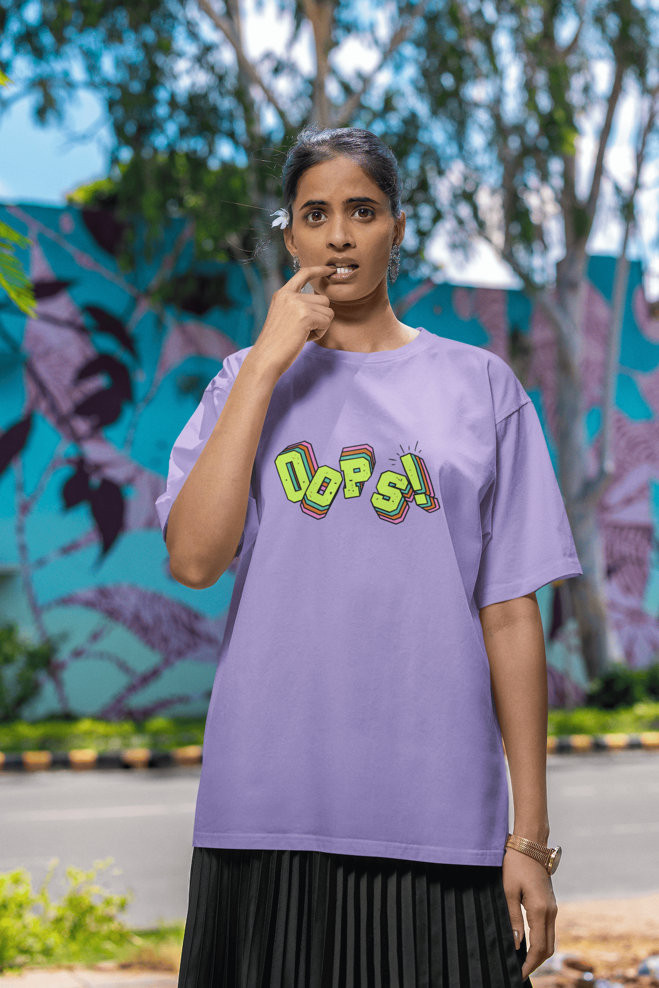 Women's Iris Lavender Oops Graphic Printed Oversized T-shirt