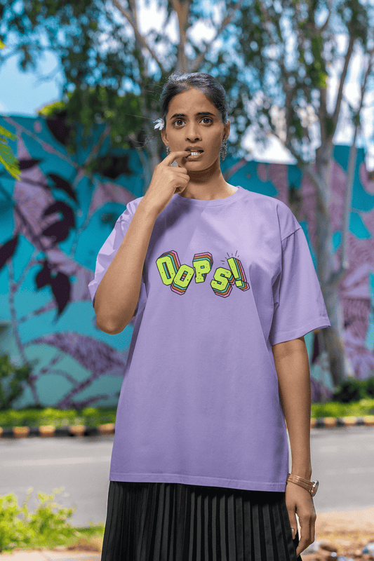 Women's Iris Lavender Oops Graphic Printed Oversized T-shirt