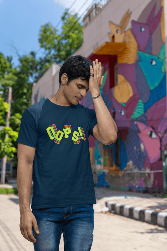 Men's Navy Blue Oops Graphic Printed T-shirt - Printed Cave