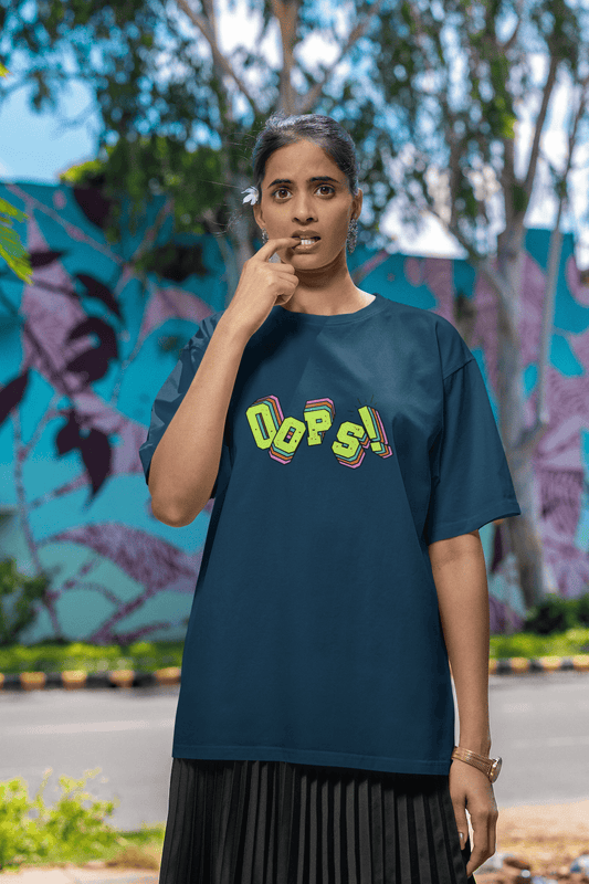Women's Navy Blue Oops Graphic Printed Oversized T-shirt