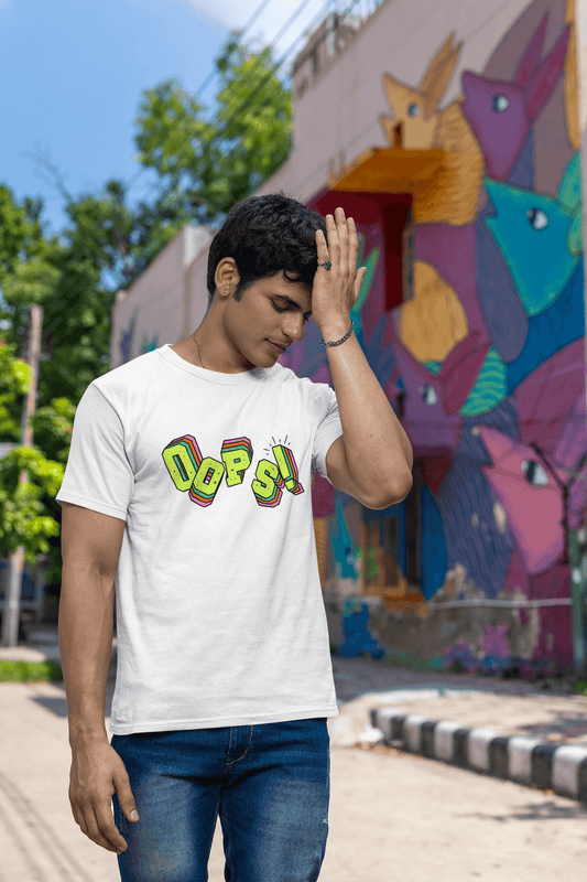 Men's White Oops Graphic Printed T-shirt - Printed Cave