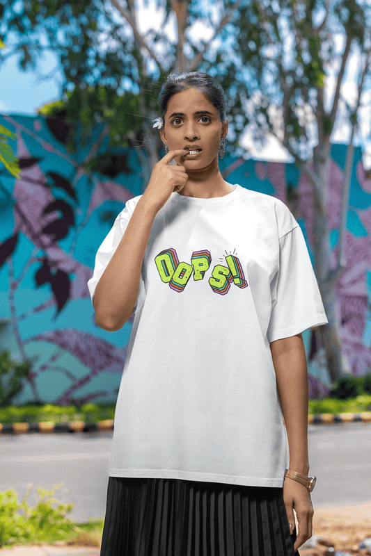 Women's White Oops Graphic Printed Oversized T-shirt
