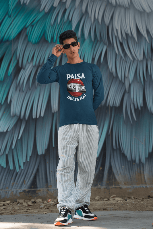 Men's Navy Blue Paisa Bolta Hai Graphic Printed Full Sleeve T-shirt - Printed Cave