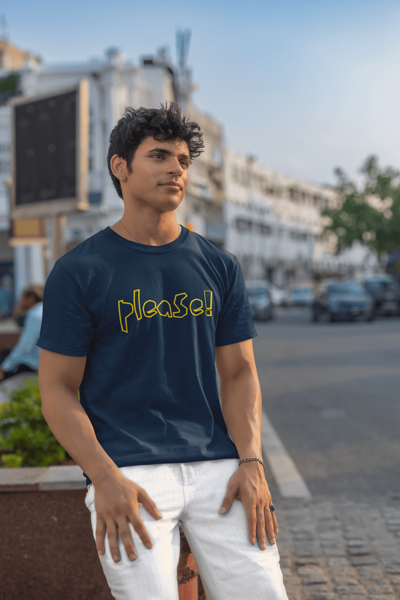 Men's Navy Blue Please Graphic Printed T-shirt - Printed Cave