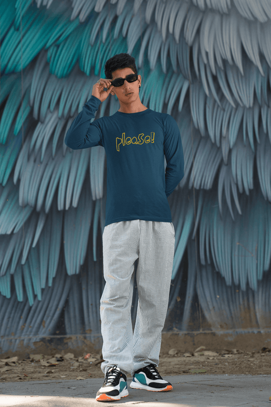 Men's Navy Blue Please Graphic Printed Full Sleeve T-shirt - Printed Cave