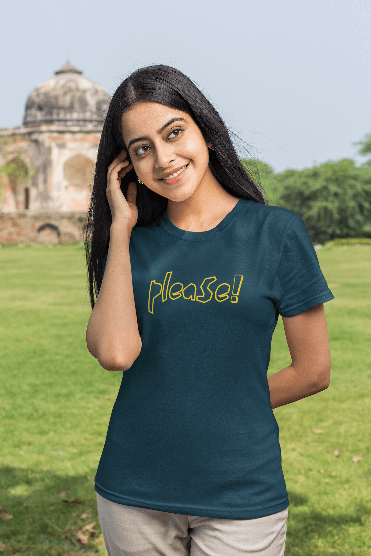 Women's Navy Blue Please Graphic Printed T-shirt - Printed Cave