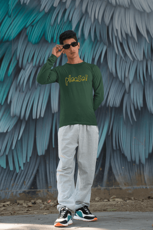 Men's Olive Green Please Graphic Printed Full Sleeve T-shirt
