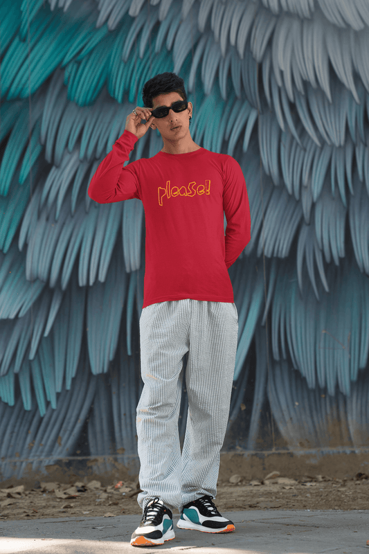 Men's Red Please Graphic Printed Full Sleeve T-shirt - Printed Cave