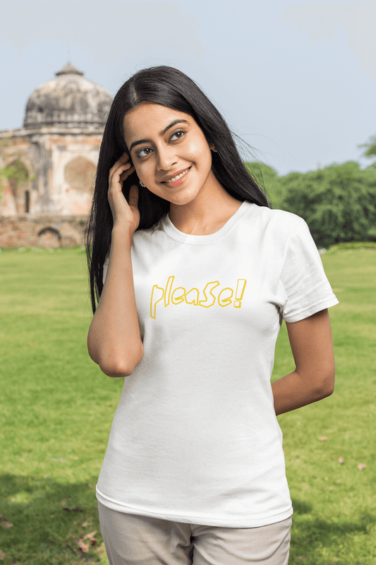 Women's White Please Graphic Printed T-shirt - Printed Cave