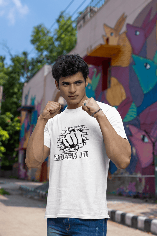 Men's White Smash It Graphic Printed T-shirt - Printed Cave
