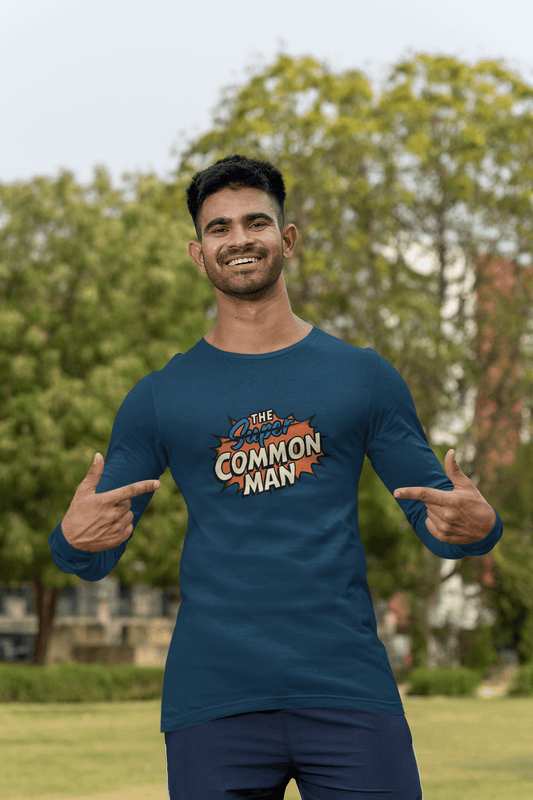 Men's Navy Blue The Super Common Man Graphic Printed Full Sleeve T-shirt - Printed Cave
