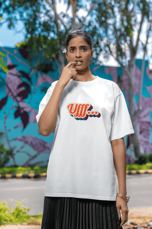 Women's White Ufff Graphic Printed Oversized T-shirt