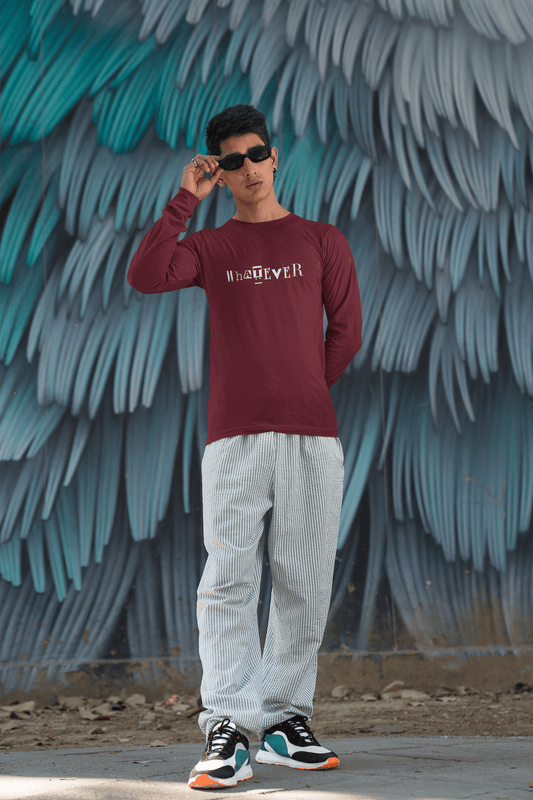 Men's Maroon Whatever Graphic Printed Full Sleeve T-shirt - Printed Cave