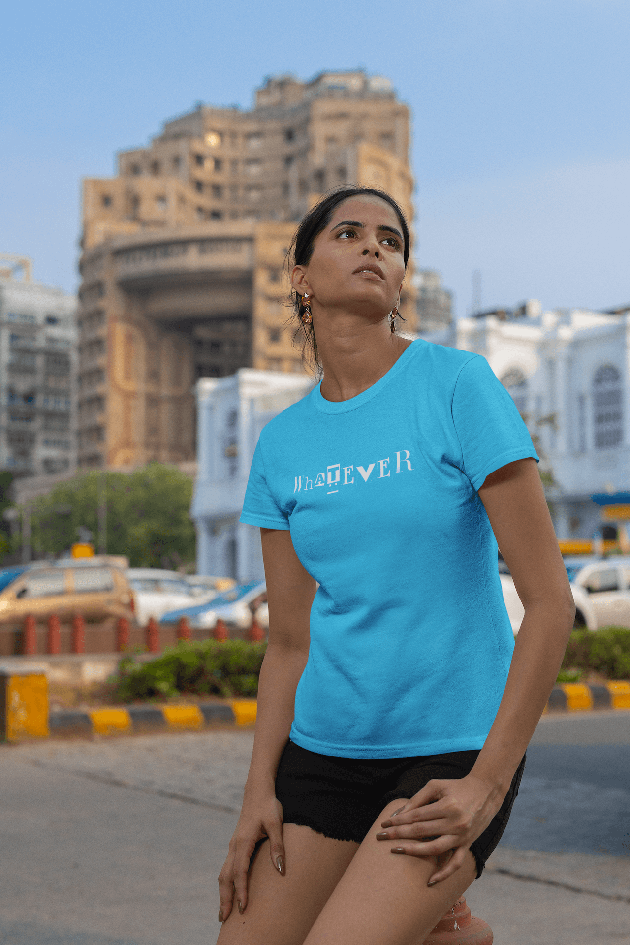 Women's Sky Blue Whatever Graphic Printed T-shirt - Printed Cave